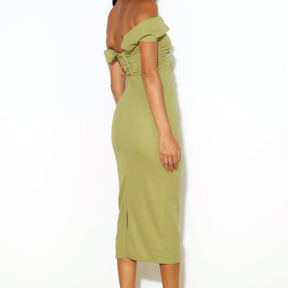 Olive green, off the shoulder, body con, wedding guest